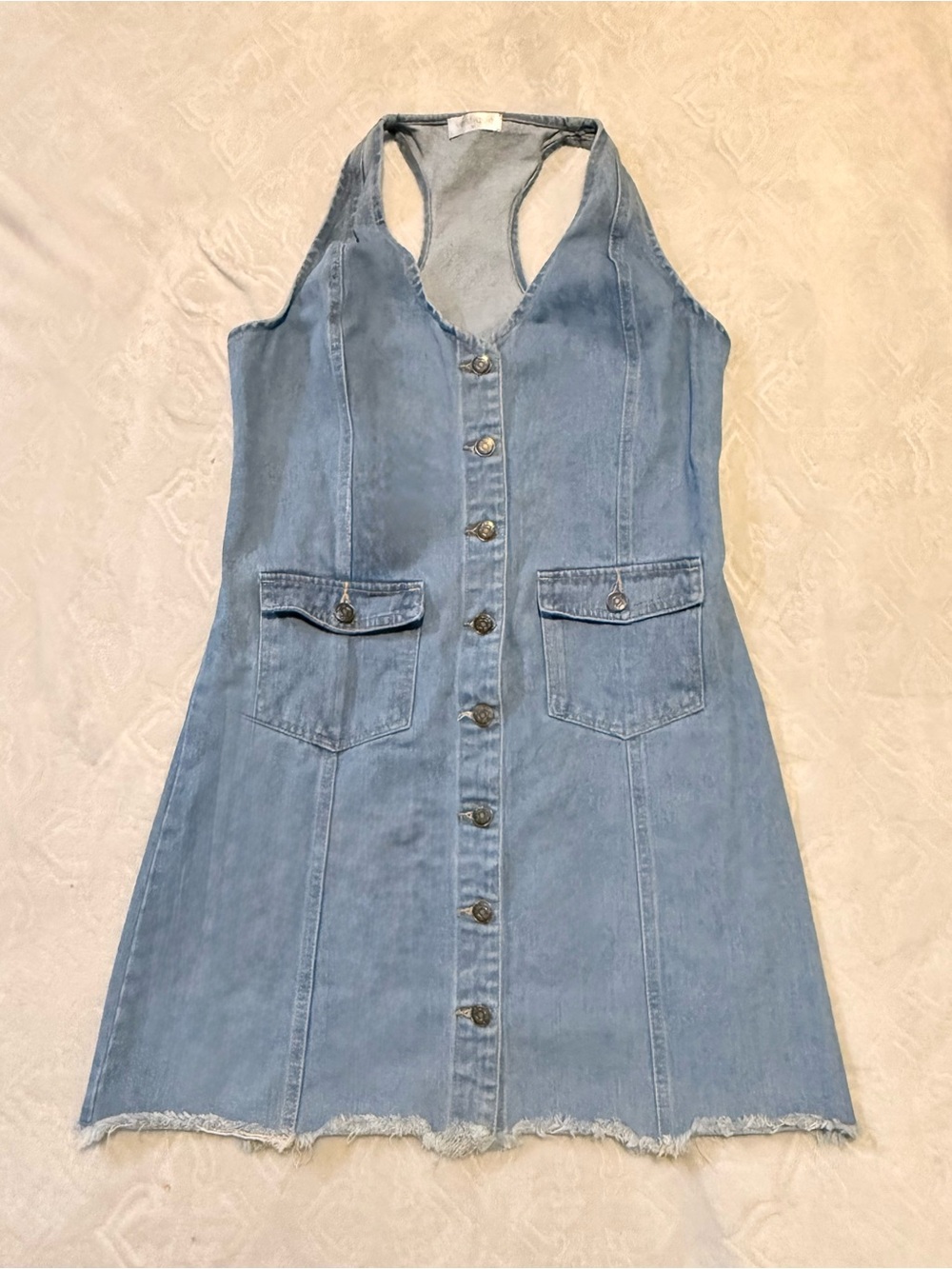 vestique Light Blue Denim Button-Front Halter Midi Dress